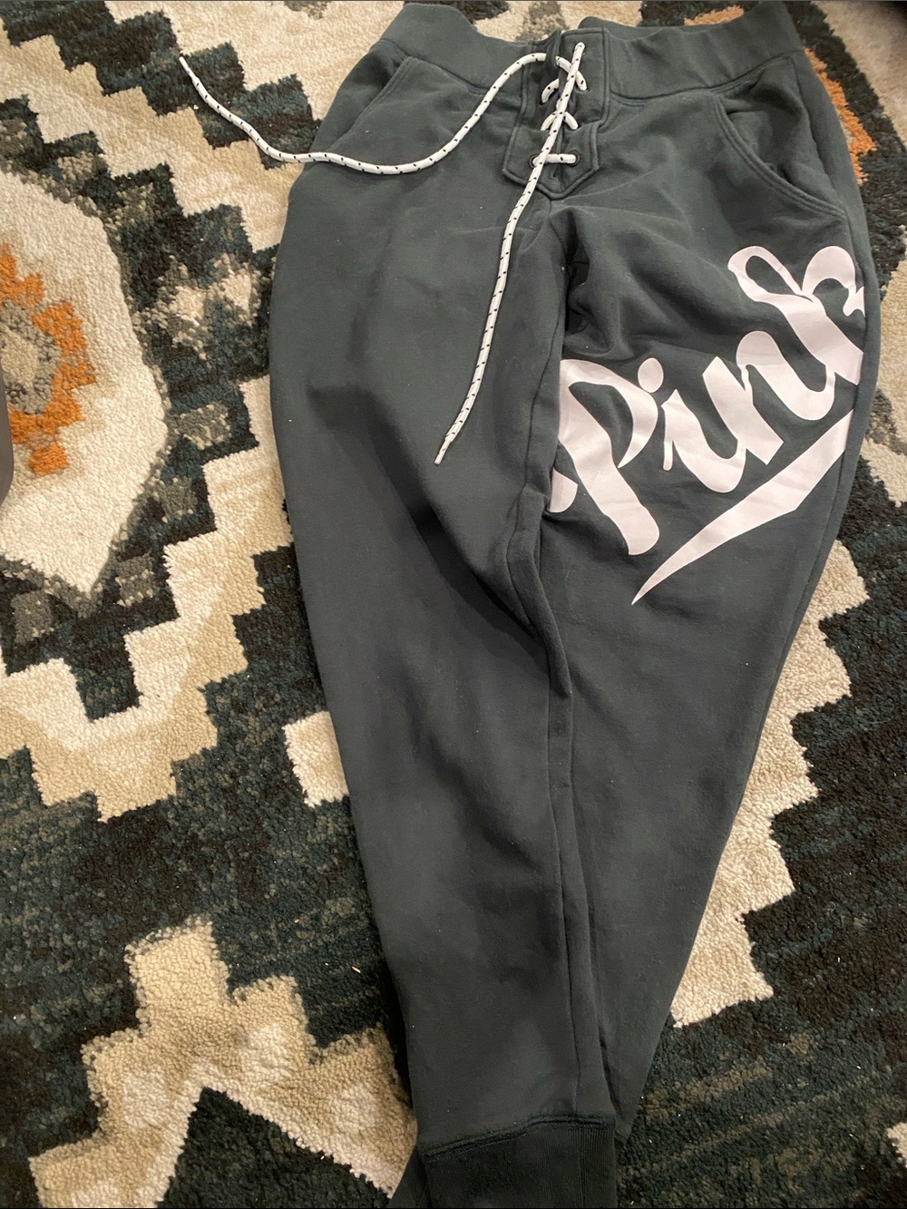 PINK Victoria's Secret Dark Green and White Track Joggers with Pink Logo